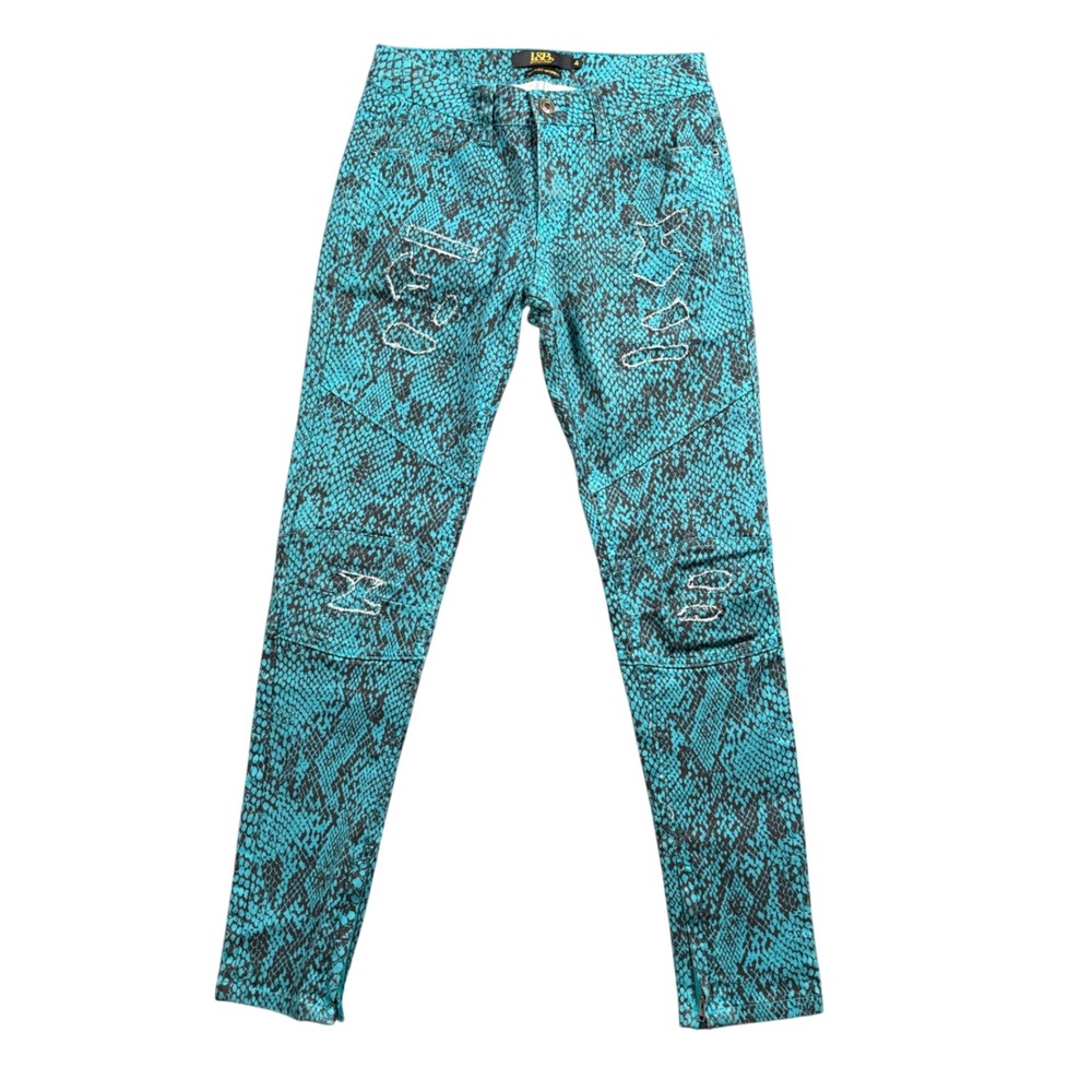 L&B Lucky & Blessed Y2K Snakeskin Skinny Jeans Women's 4 Teal Moto Stretch